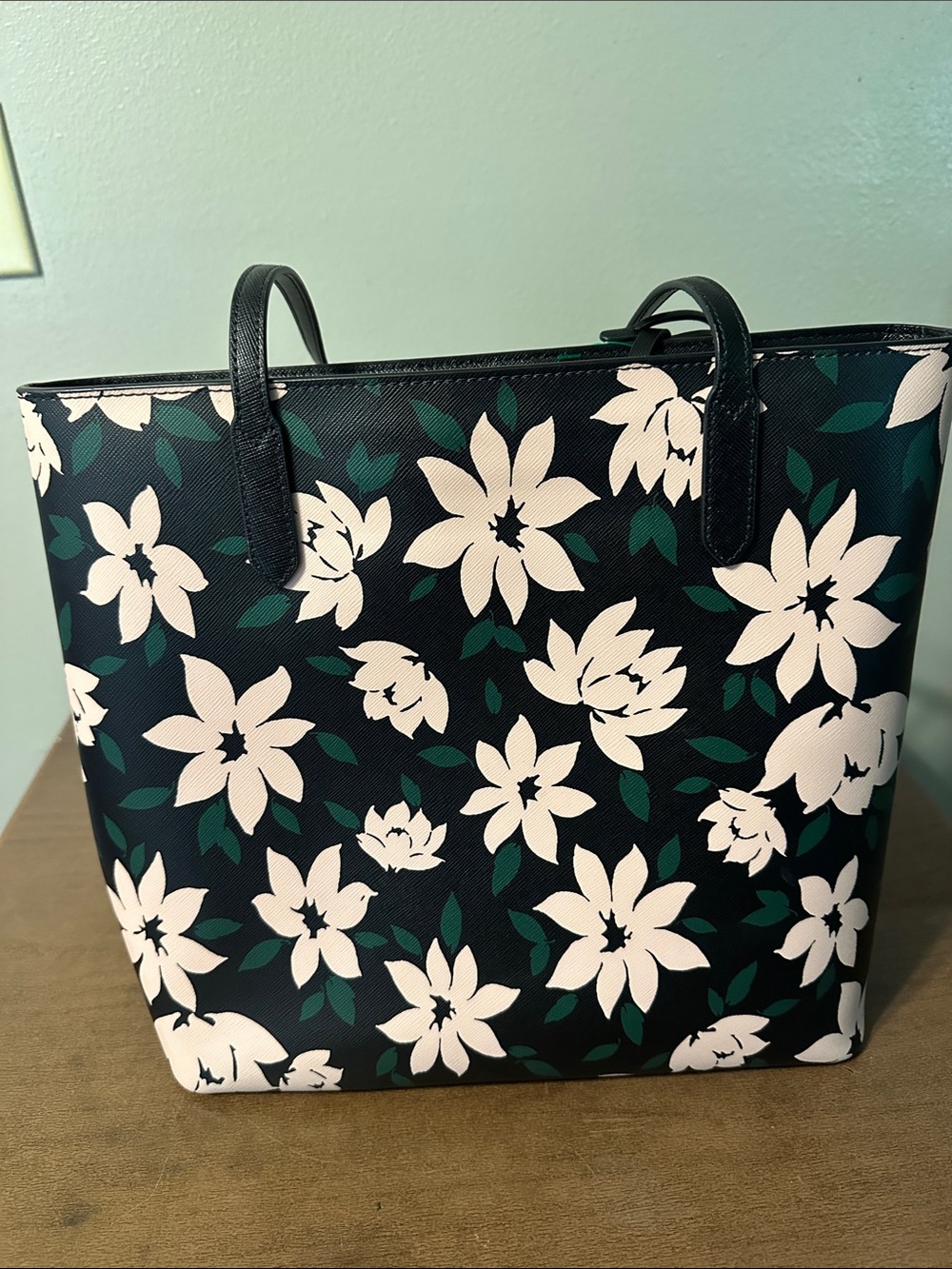 Kate Spade Jana Black Floral Tote with Pink Flowers and Green Leaves - Picture 2 of 6